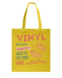 Vinyl Nobody Asks To See Your Mp3 Collection T-Shirt - Guys V-Neck - Basketweave Tote Bag