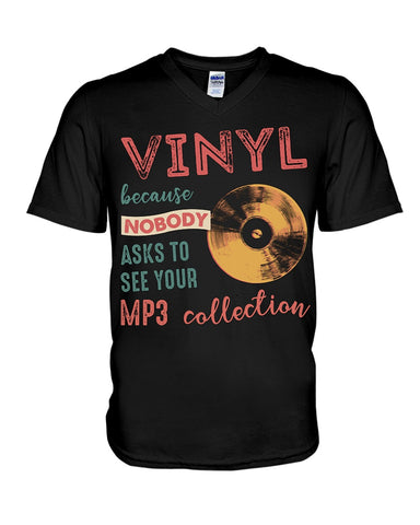 Vinyl Nobody Asks To See Your Mp3 Collection T-Shirt - Guys V-Neck - Basketweave Tote Bag