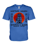 Hattori Hanzo Swords & Sushi T-Shirt - Guys V-Neck - Basketweave Tote Bag