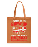 Grew Up Playing With Fire Trucks Tote Bag - Guys Tee - Basketweave Tote Bag