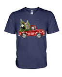 Christmas Cat And Red Car T-Shirt - Guys V-Neck - Unisex Long Sleeve