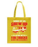 Grew Up Playing With Fire Trucks Tote Bag - Guys Tee - Basketweave Tote Bag