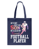 My Son Is Also My Favorite Football Player T-Shirt - Guys V-Neck - Basketweave Tote Bag